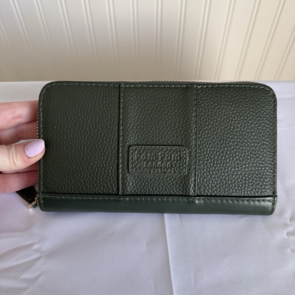 Pom Pom London Leather Forrest Green Chelsea Wallet Full Zip Around Card Case